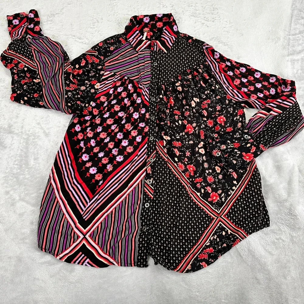 Free‎ People Button Down Shirt Womens Small Black Mixed Print Floral Stripe